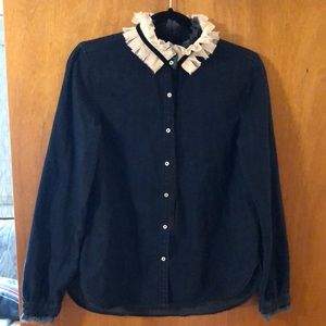 Scotch & Soda denim shirt w/ removable playful silk velvet collar. Size XS.  NWT